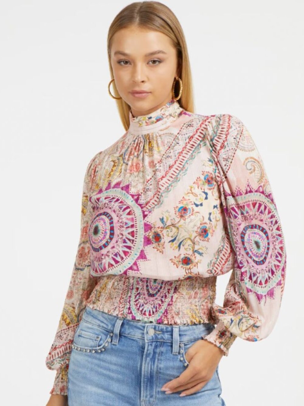 Guess Pink Paisley High-Neck Ruched Waist Blouse